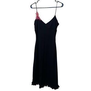 Blind Date vintage 90s black slip dress with pink floral strap detail ruffle hem